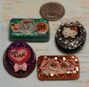 These are some of the first pieces I made. The two oval shaped ones my mom swiftly claimed as her own when she saw them. :p The other two are characters from Sentimental Circus, which is a Hello Kitty type franchise, but darker. 