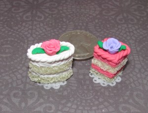 These were made with a ton of translucent clay mix with a tiny bit of yellow-y tan, to get that real live cake look. They are up for sale in my Etsy store right now, probably not for long though!